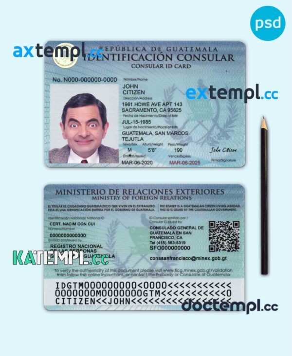 sample Guatemala ID card PSD template, completely editable download